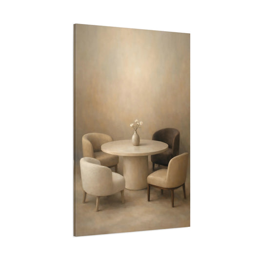 Main Mockup. Vintage Dining Furniture Neutral Tones shown as stretched canvas wall art