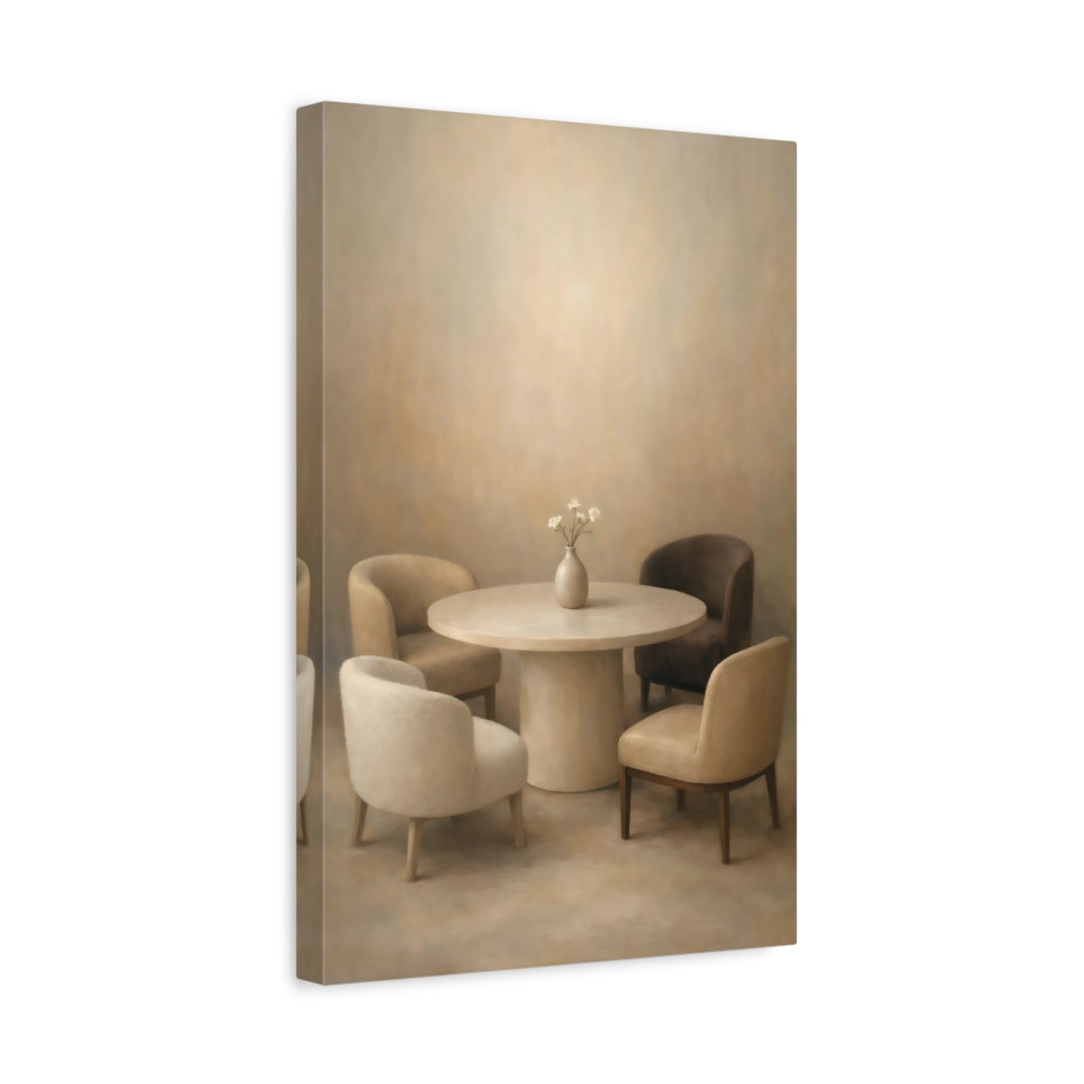 Side Mockup 4. Vintage Dining Furniture Neutral Tones shown as stretched canvas wall art