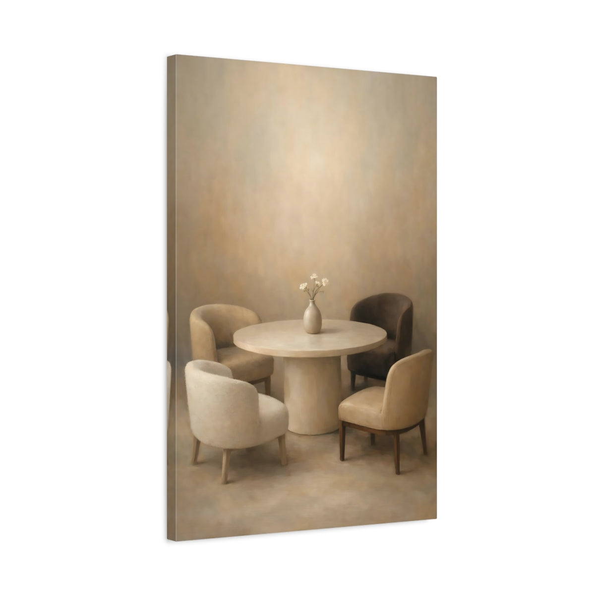 Side Mockup 2. Vintage Dining Furniture Neutral Tones shown as stretched canvas wall art