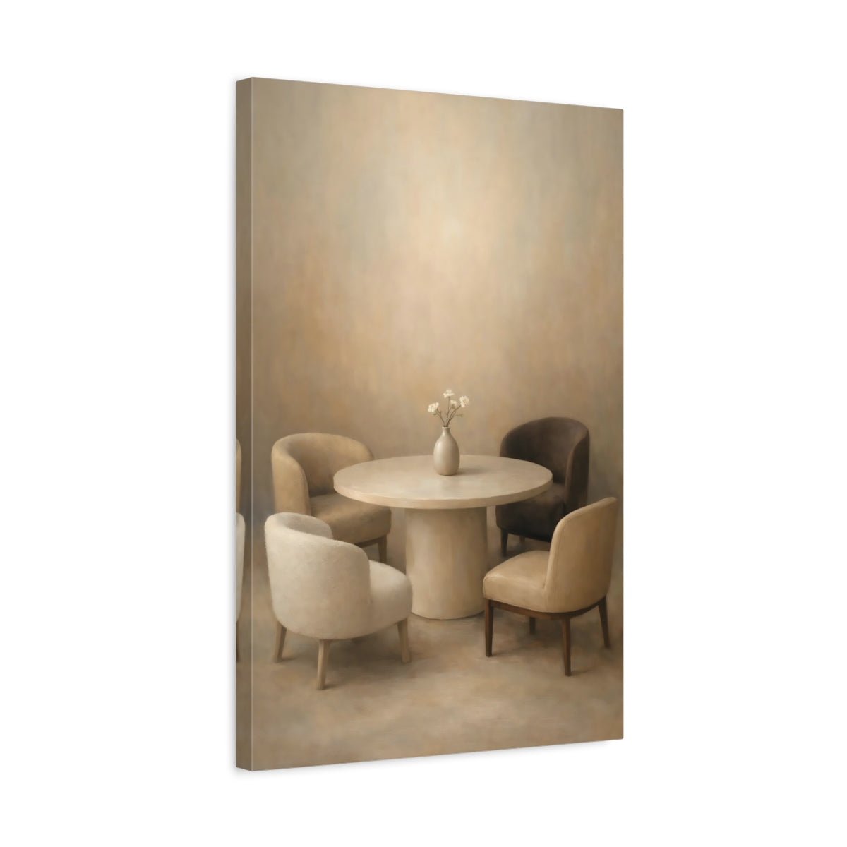 Side Mockup 3. Vintage Dining Furniture Neutral Tones shown as stretched canvas wall art
