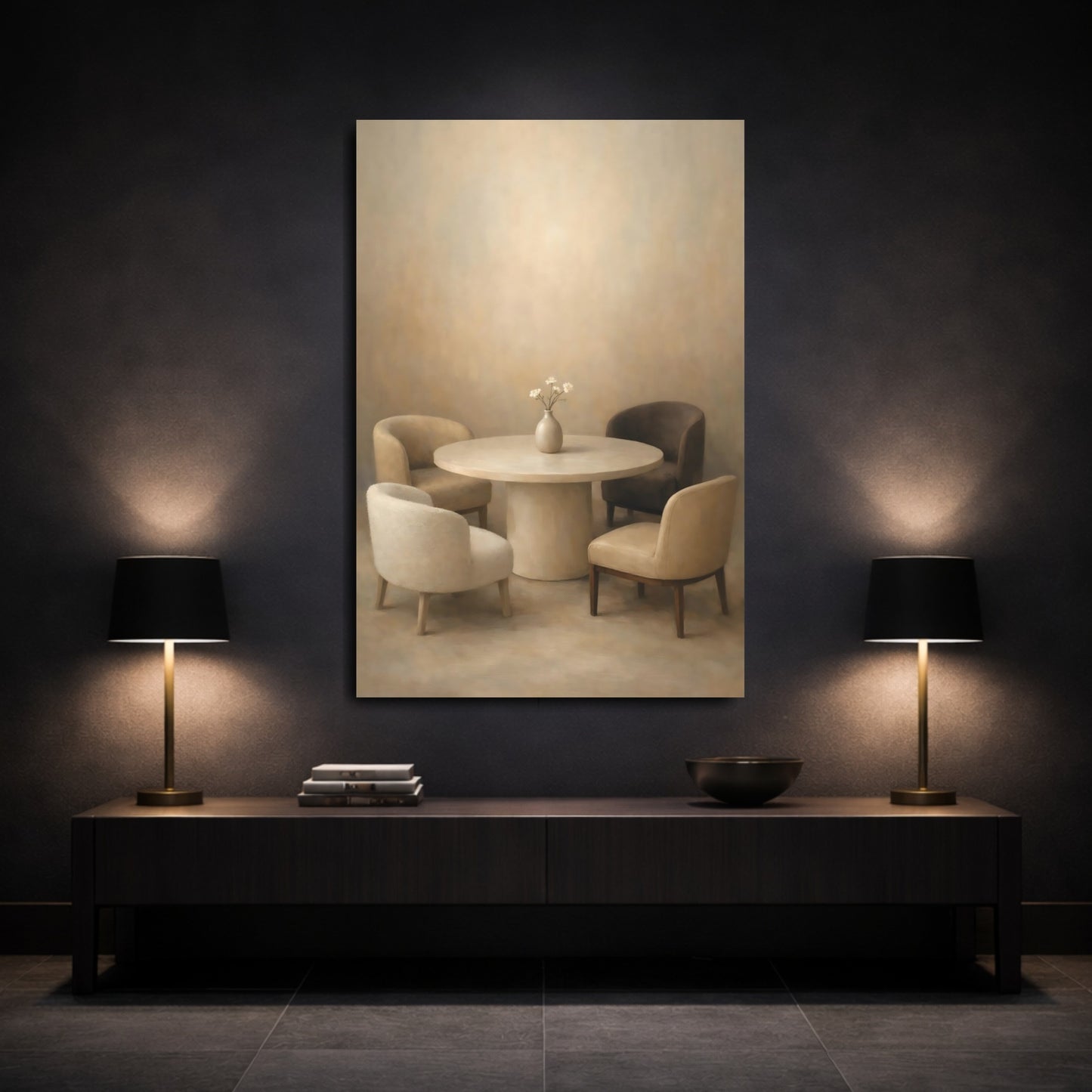 Mockup 2. Vintage Dining Furniture Neutral Tones shown as stretched canvas wall art