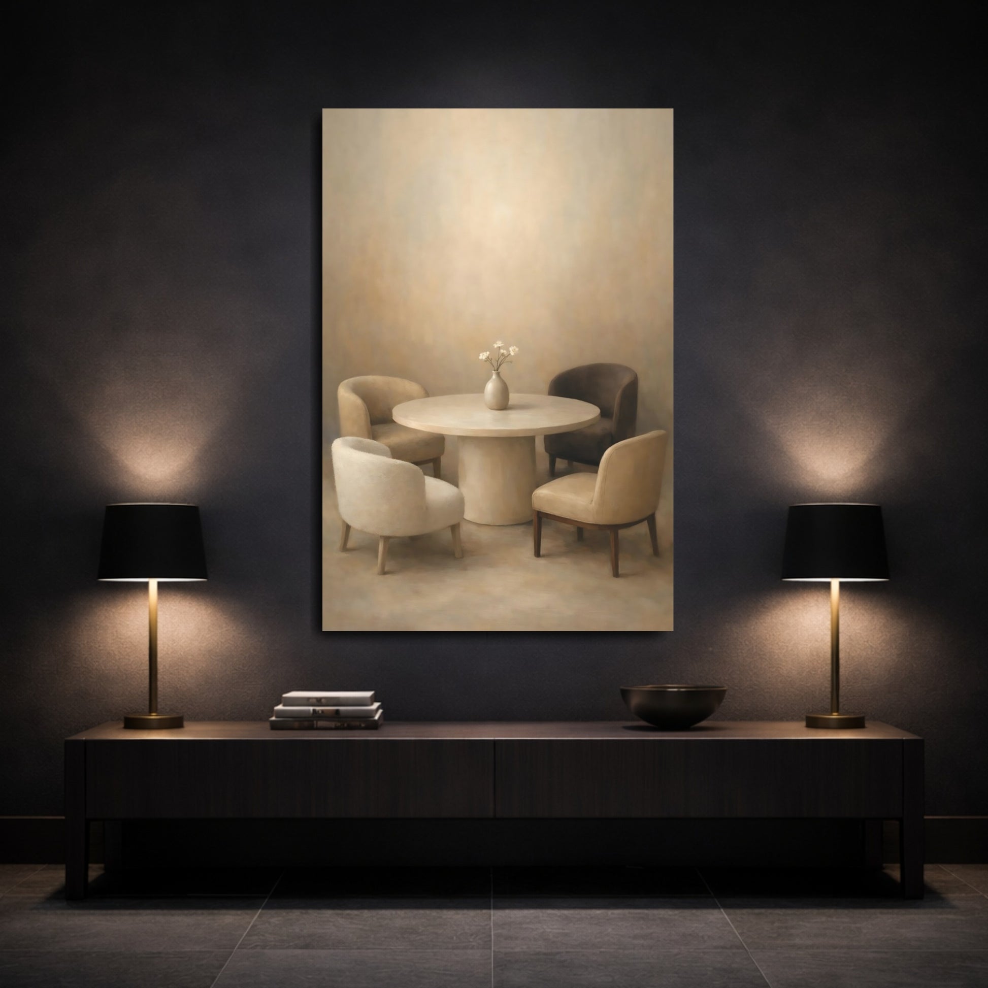 Mockup 2. Vintage Dining Furniture Neutral Tones shown as stretched canvas wall art