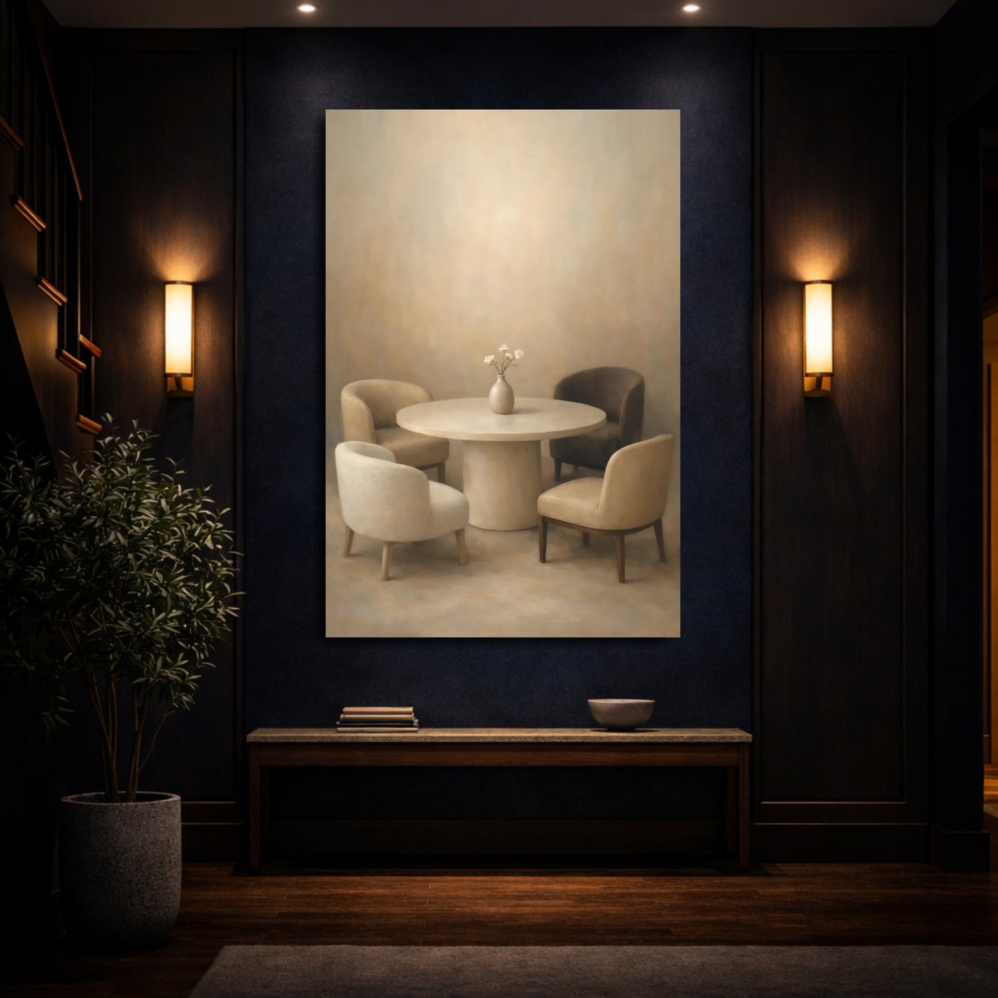 Mockup 3. Vintage Dining Furniture Neutral Tones shown as stretched canvas wall art