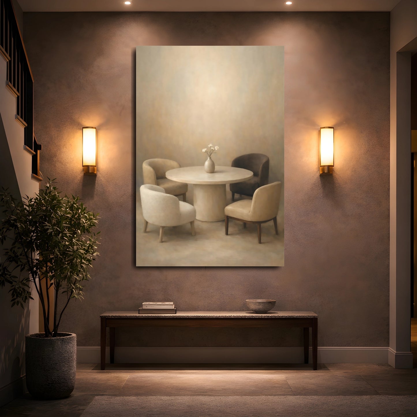 Mockup 4. Vintage Dining Furniture Neutral Tones shown as stretched canvas wall art