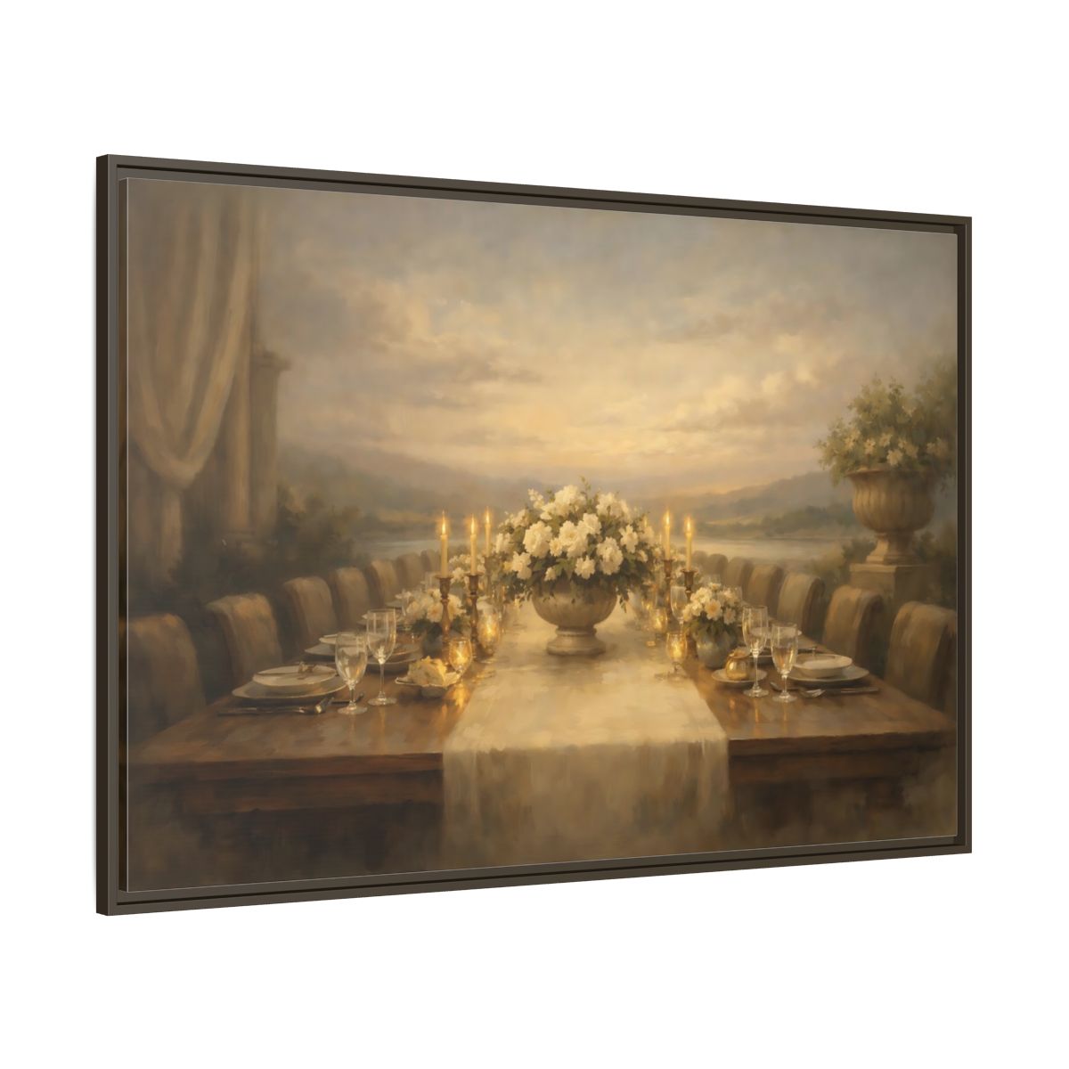 Main Mockup. Vintage Dining Table Cream And Gold Dining shown as stretched canvas wall art