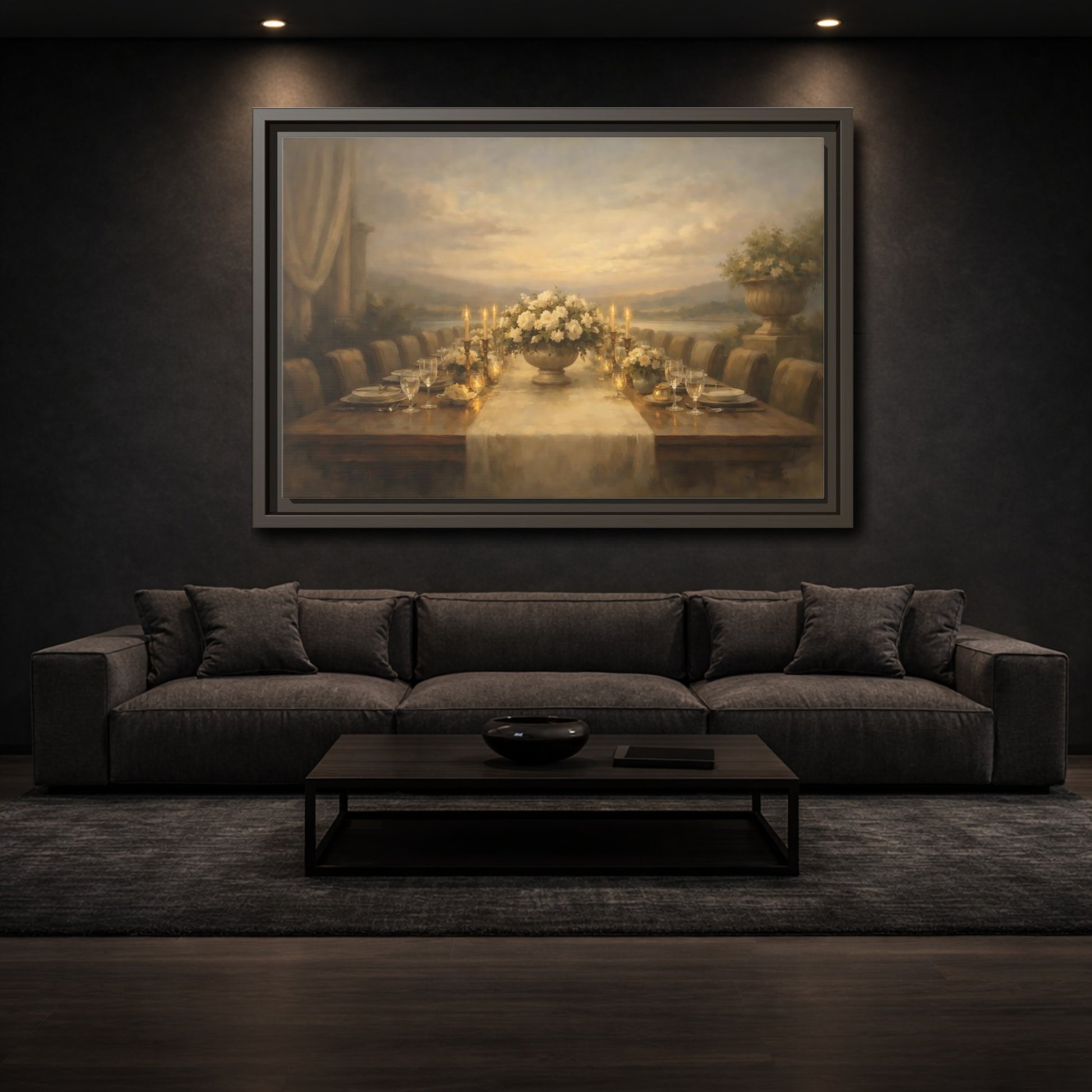 Mockup 2. Vintage Dining Table Cream And Gold Dining shown as stretched canvas wall art