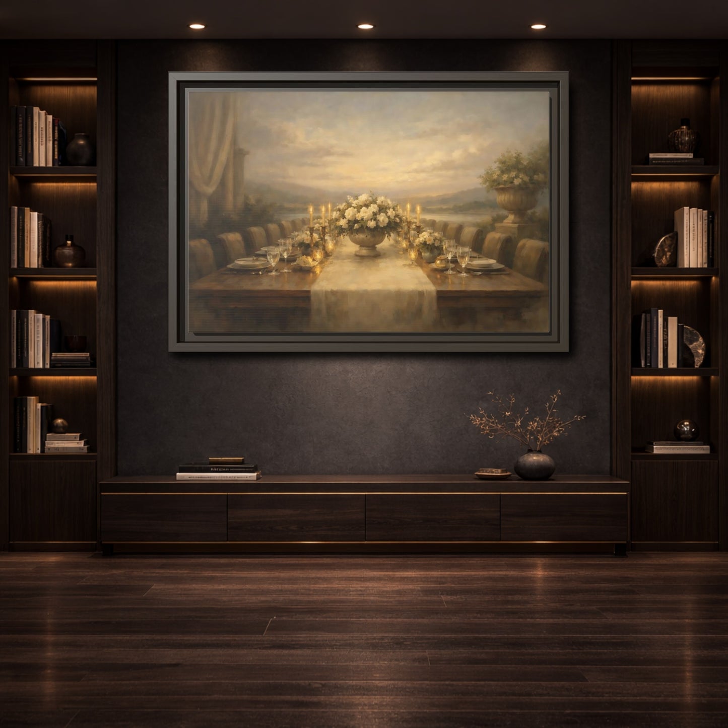 Mockup 3. Vintage Dining Table Cream And Gold Dining shown as stretched canvas wall art