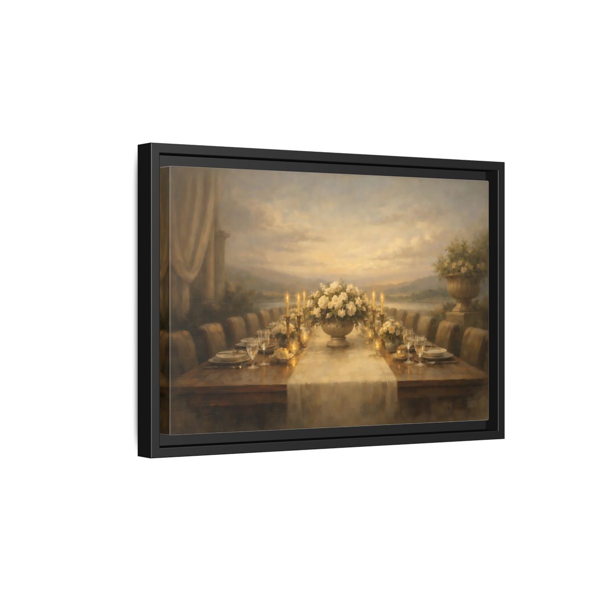 Side Mockup 6. Vintage Dining Table Cream And Gold Dining shown as stretched canvas wall art
