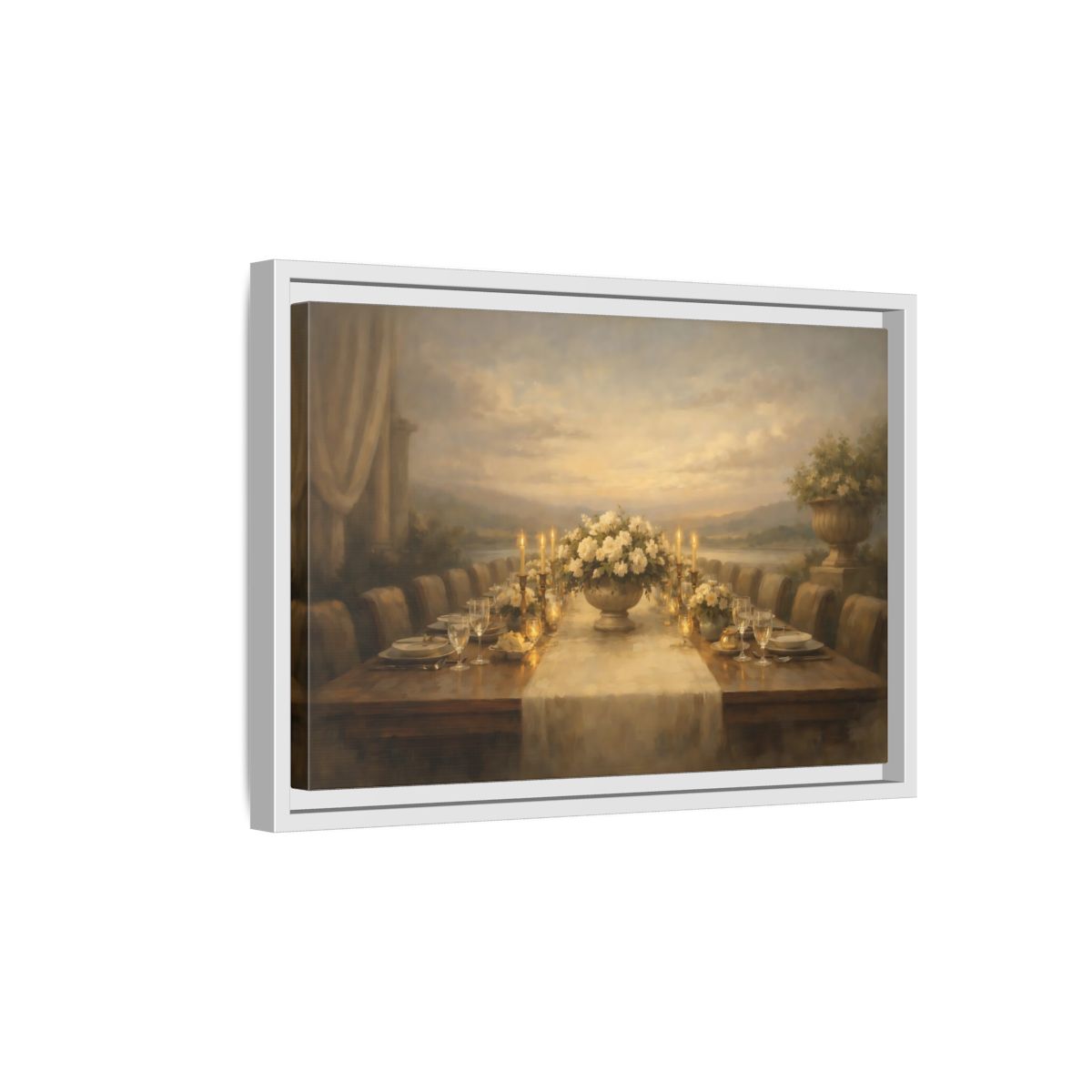 Side Mockup 4. Vintage Dining Table Cream And Gold Dining shown as stretched canvas wall art