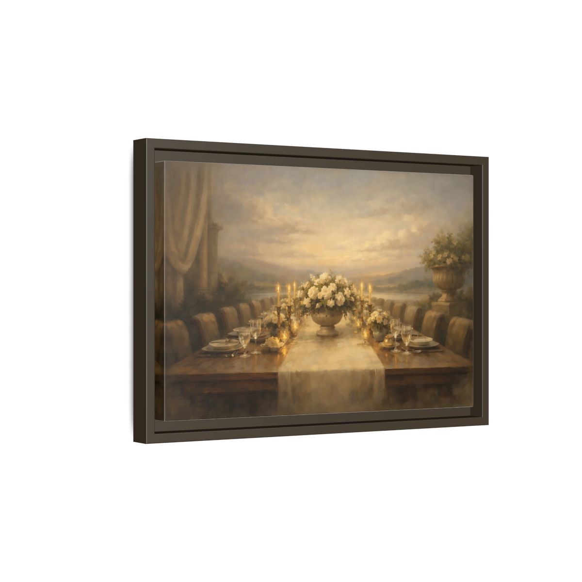 Side Mockup 5. Vintage Dining Table Cream And Gold Dining shown as stretched canvas wall art