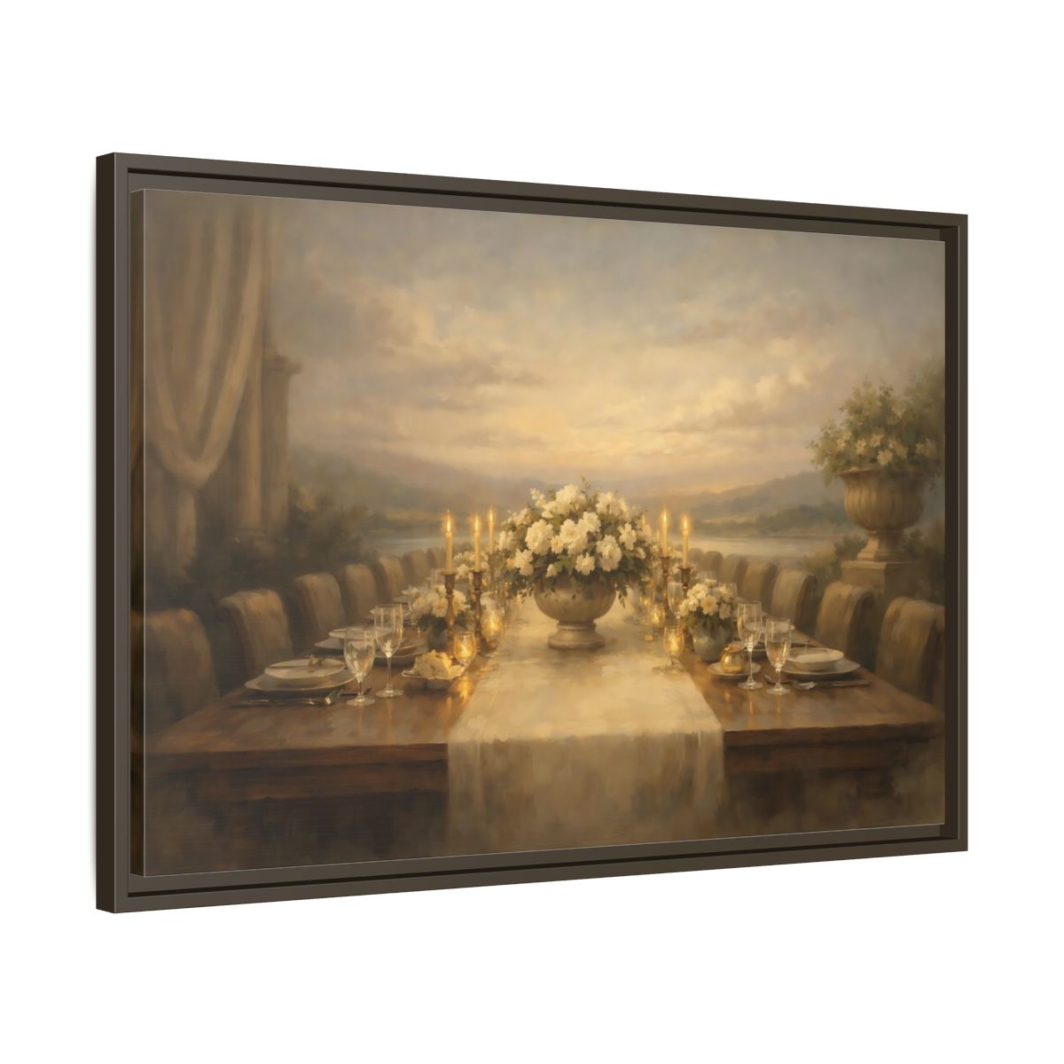 Side Mockup 11. Vintage Dining Table Cream And Gold Dining shown as stretched canvas wall art