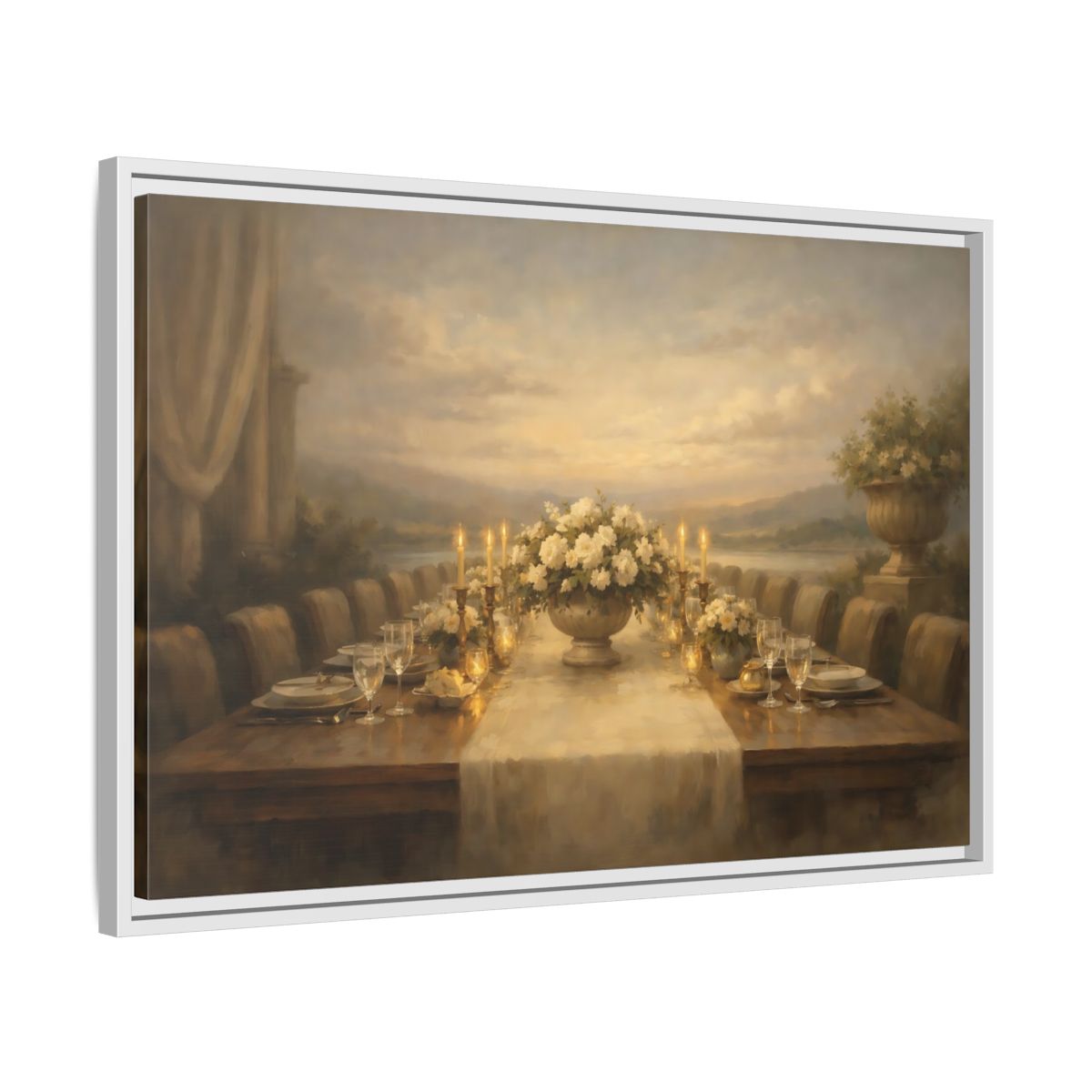 Side Mockup 10. Vintage Dining Table Cream And Gold Dining shown as stretched canvas wall art