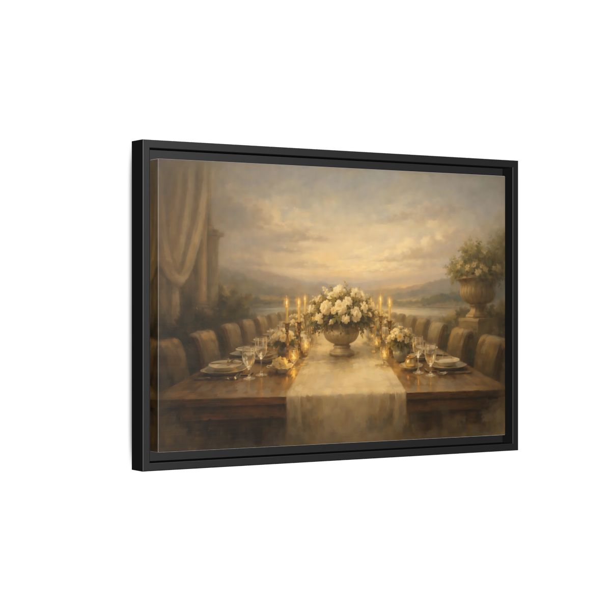 Side Mockup 3. Vintage Dining Table Cream And Gold Dining shown as stretched canvas wall art