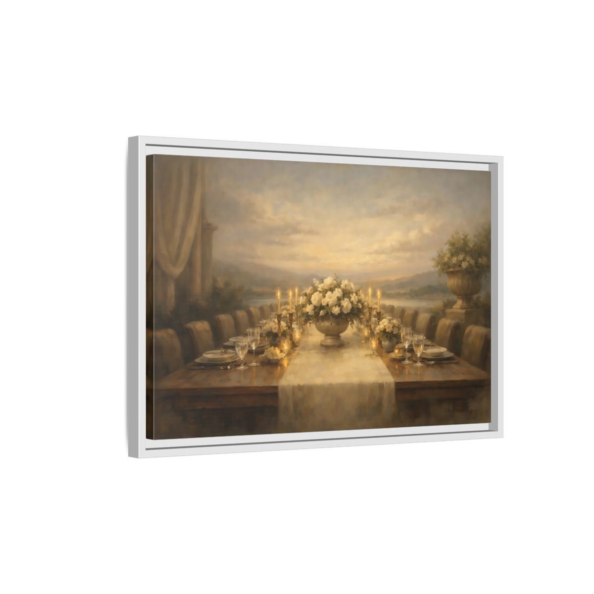 Side Mockup 1. Vintage Dining Table Cream And Gold Dining shown as stretched canvas wall art