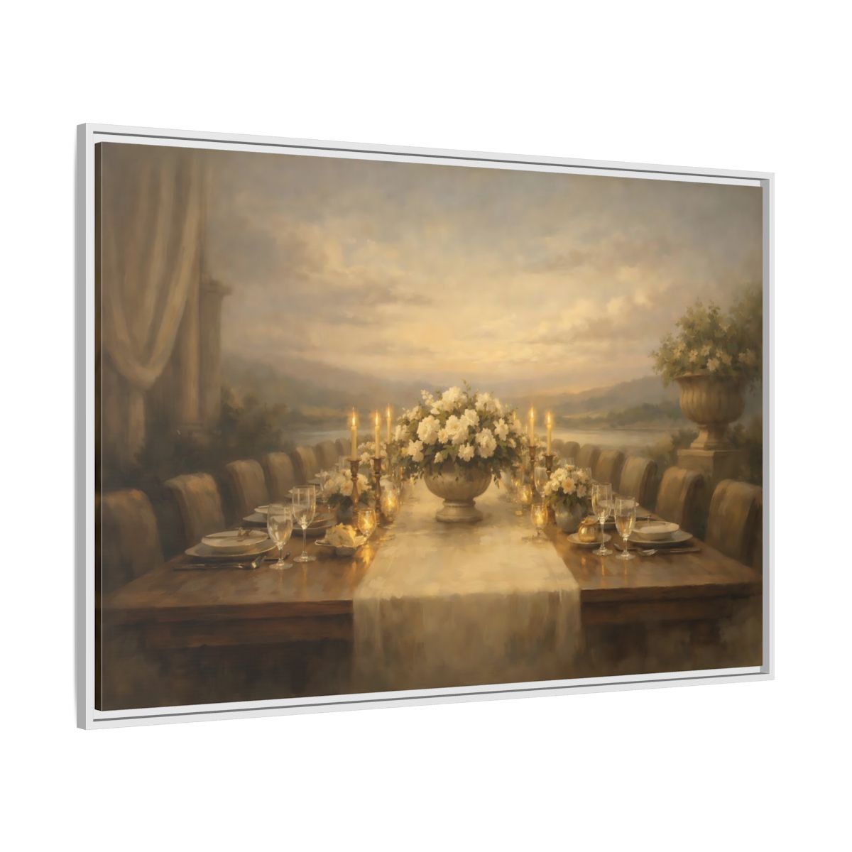 Side Mockup 7. Vintage Dining Table Cream And Gold Dining shown as stretched canvas wall art