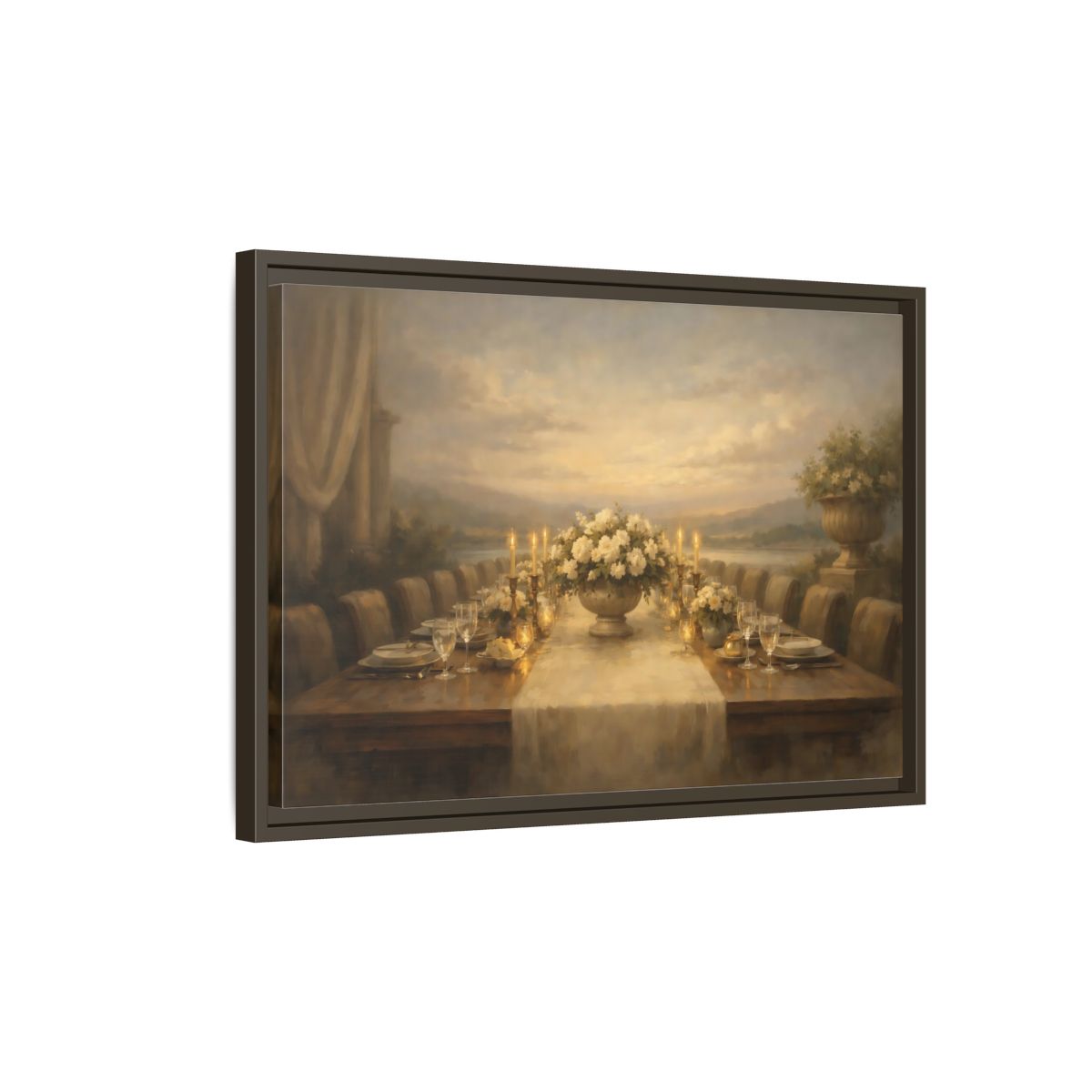 Side Mockup 2. Vintage Dining Table Cream And Gold Dining shown as stretched canvas wall art