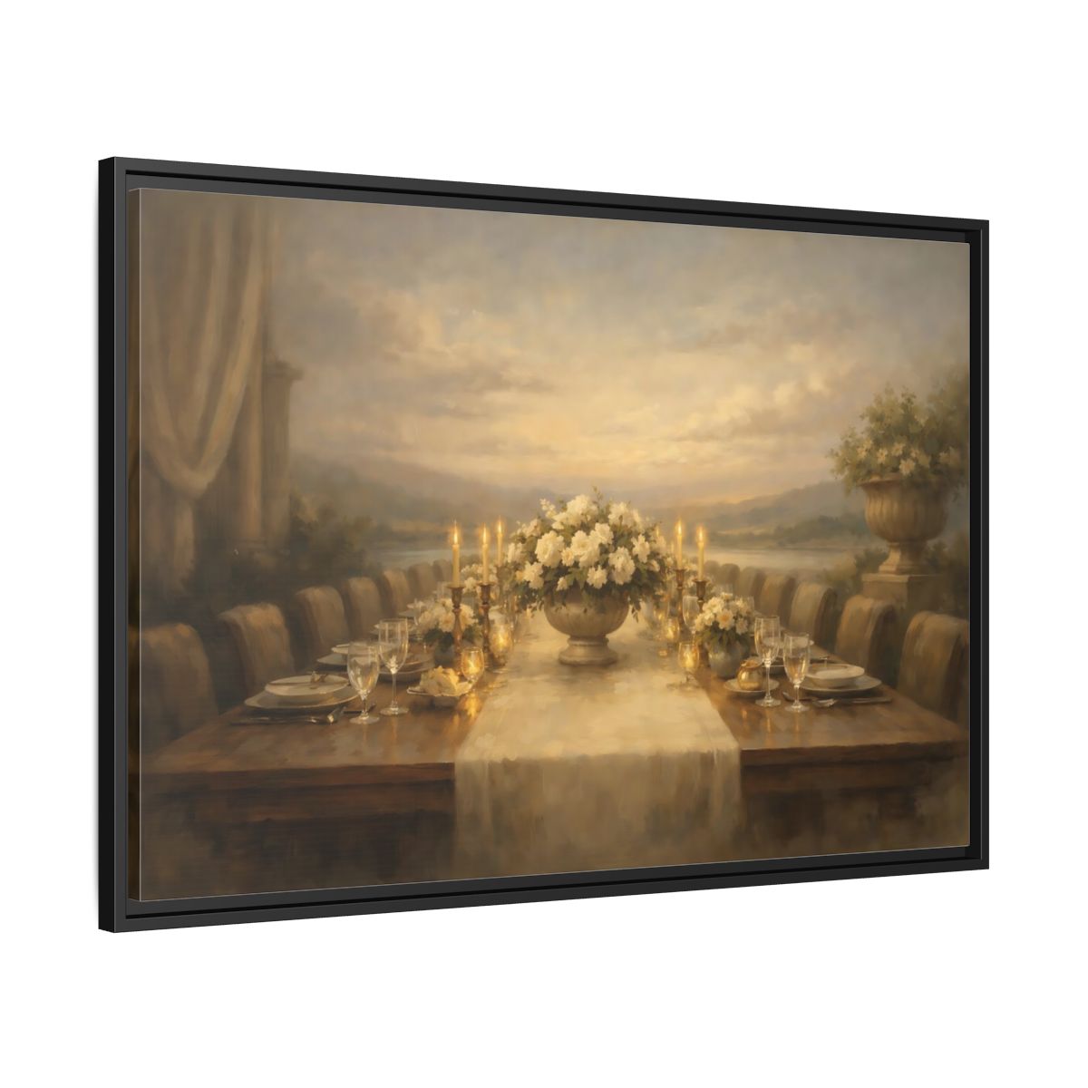 Side Mockup 13. Vintage Dining Table Cream And Gold Dining shown as stretched canvas wall art