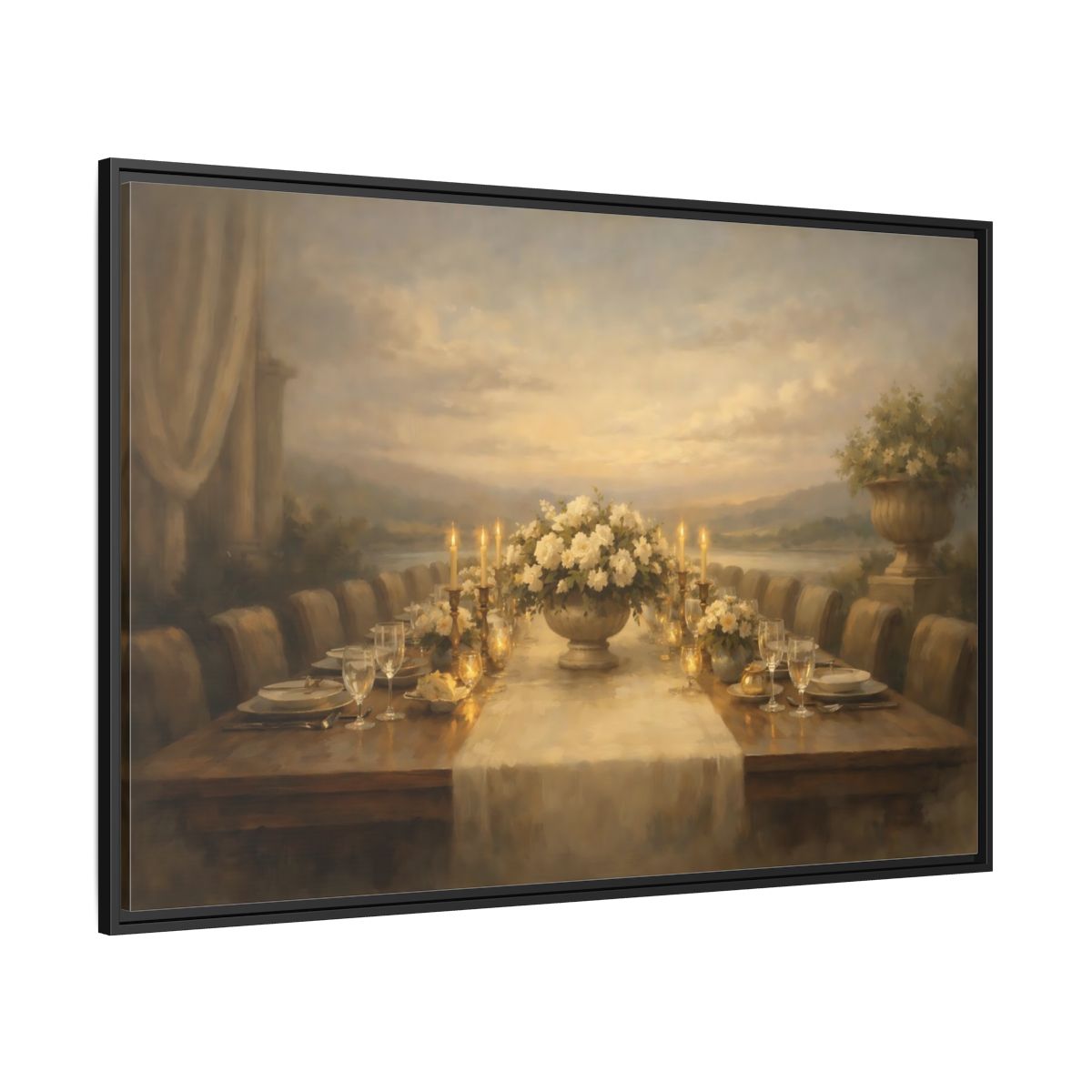 Side Mockup 12. Vintage Dining Table Cream And Gold Dining shown as stretched canvas wall art