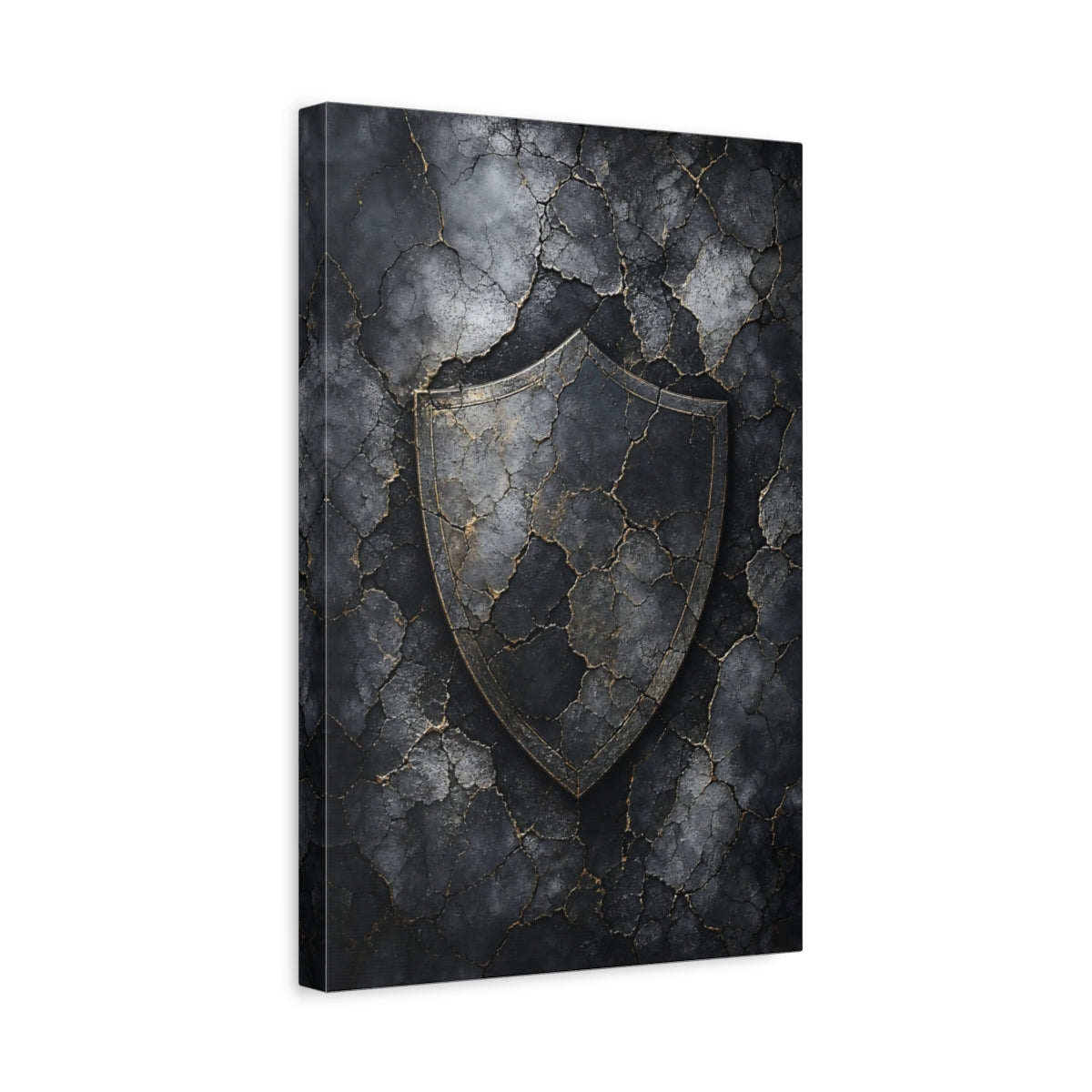 Side Mockup 4. Vintage Distressed Shield Black And Gold Shield shown as stretched canvas wall art