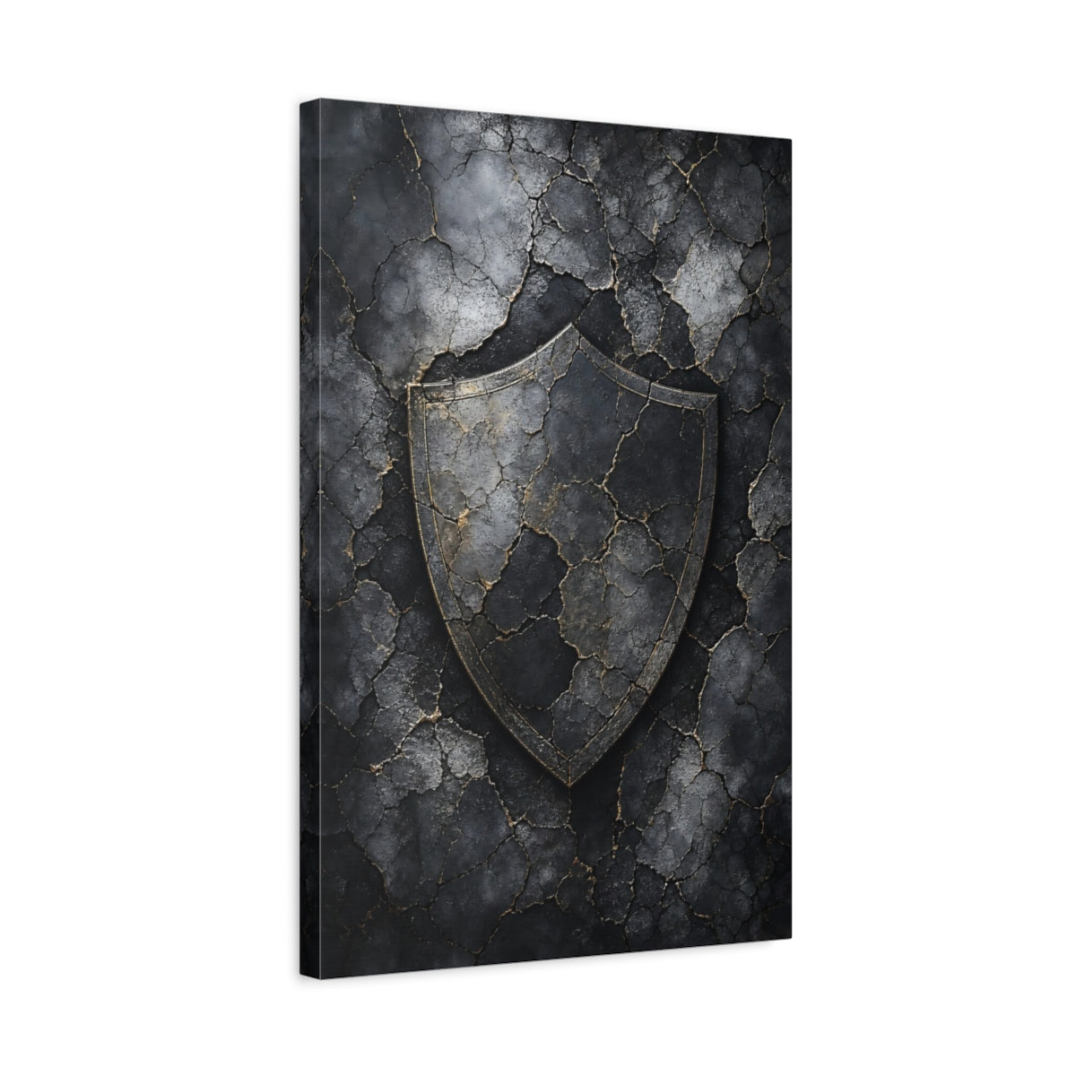 Side Mockup 3. Vintage Distressed Shield Black And Gold Shield shown as stretched canvas wall art