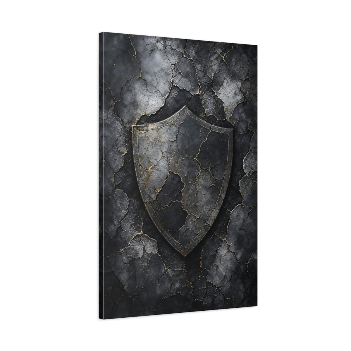 Main Mockup. Vintage Distressed Shield Black And Gold Shield shown as stretched canvas wall art
