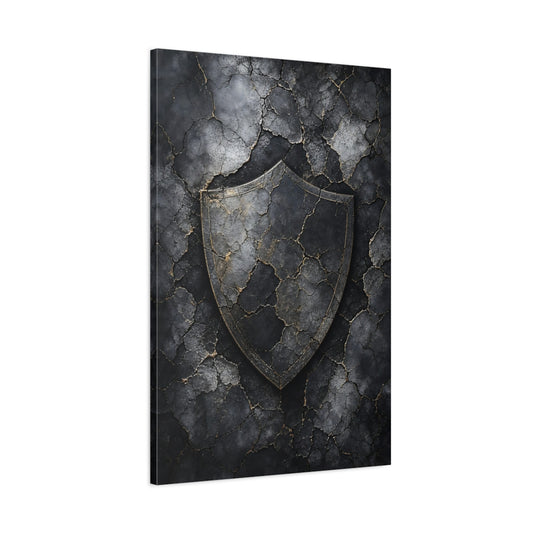 Main Mockup. Vintage Distressed Shield Black And Gold Shield shown as stretched canvas wall art