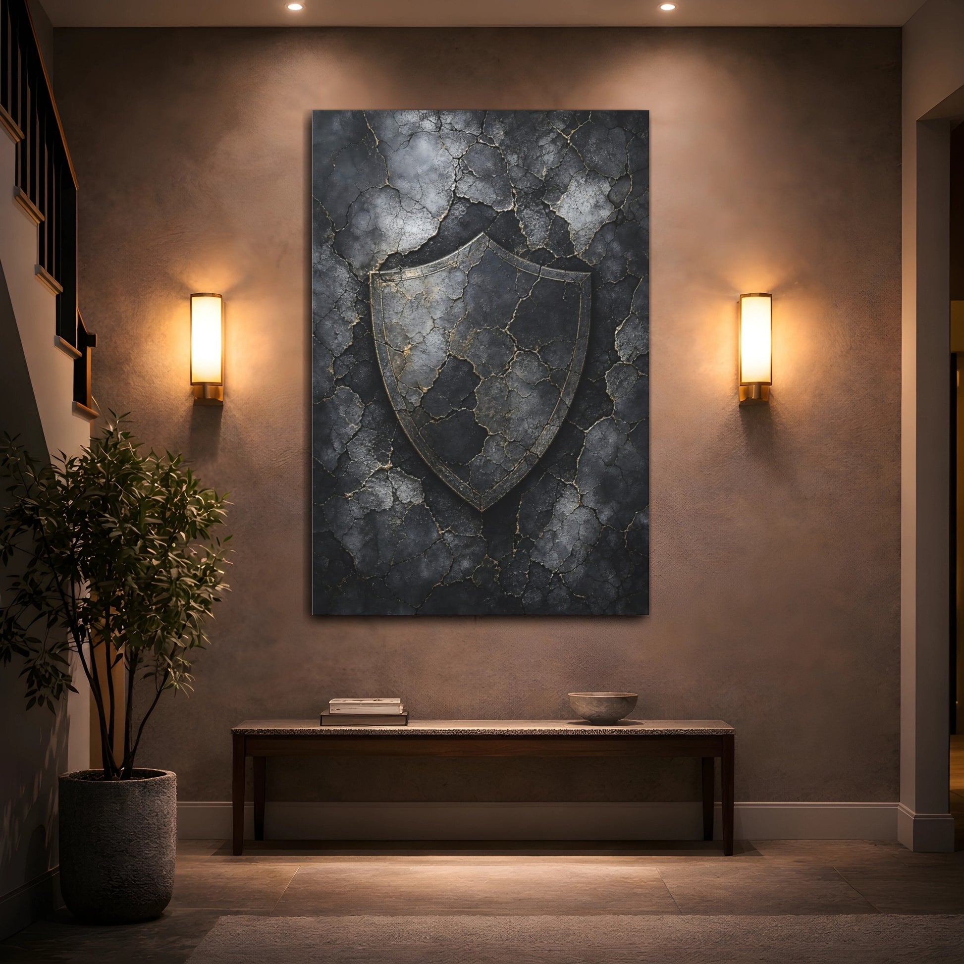 Mockup 2. Vintage Distressed Shield Black And Gold Shield shown as stretched canvas wall art