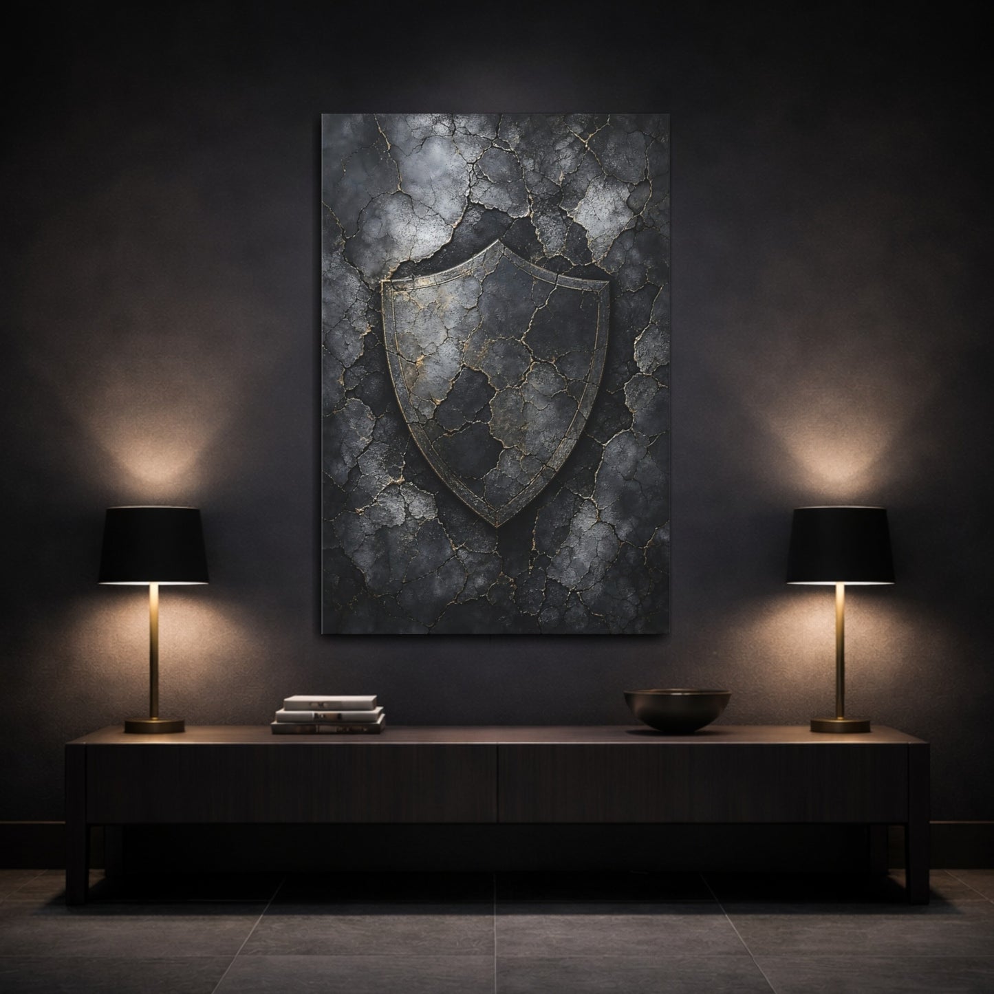 Mockup 3. Vintage Distressed Shield Black And Gold Shield shown as stretched canvas wall art
