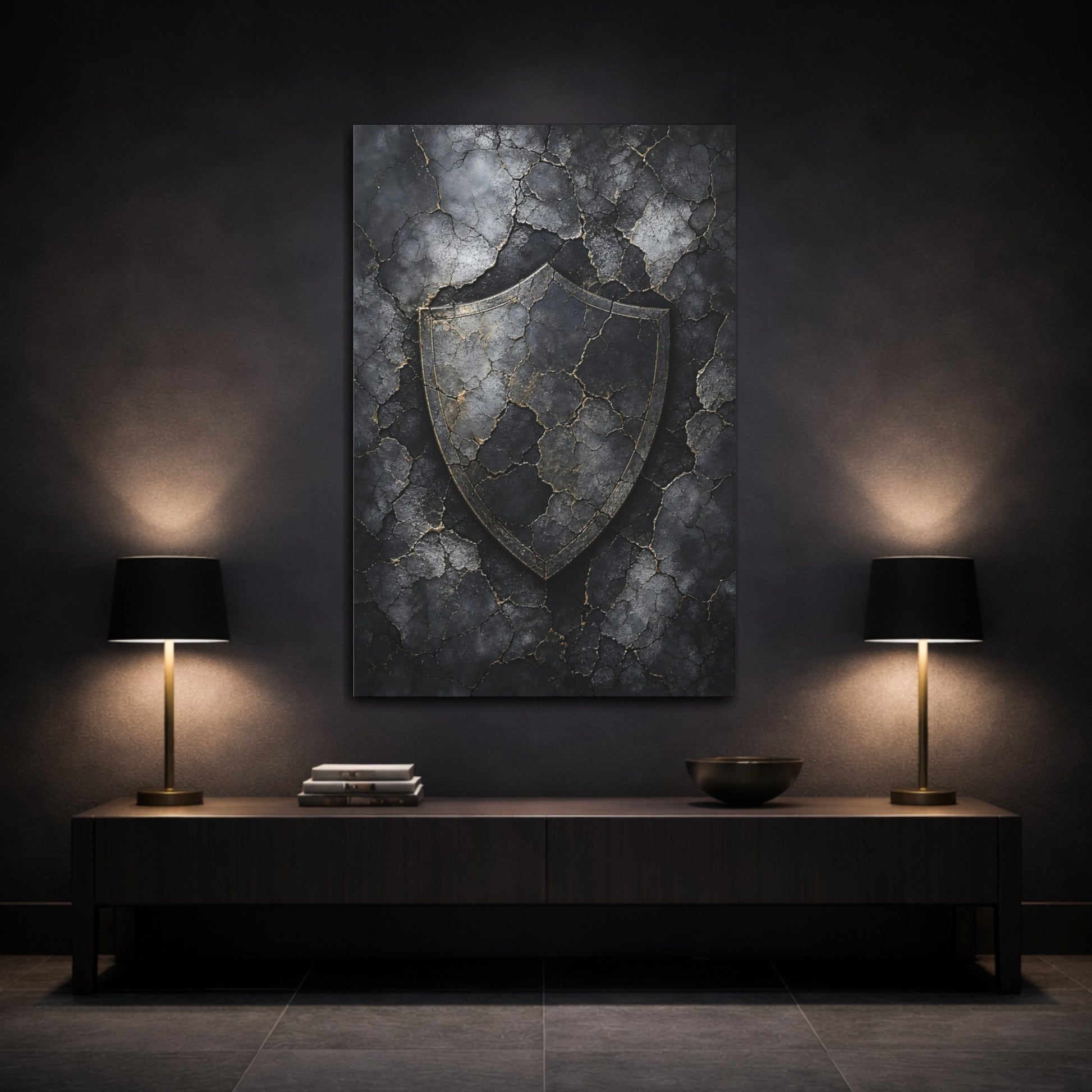 Mockup 3. Vintage Distressed Shield Black And Gold Shield shown as stretched canvas wall art