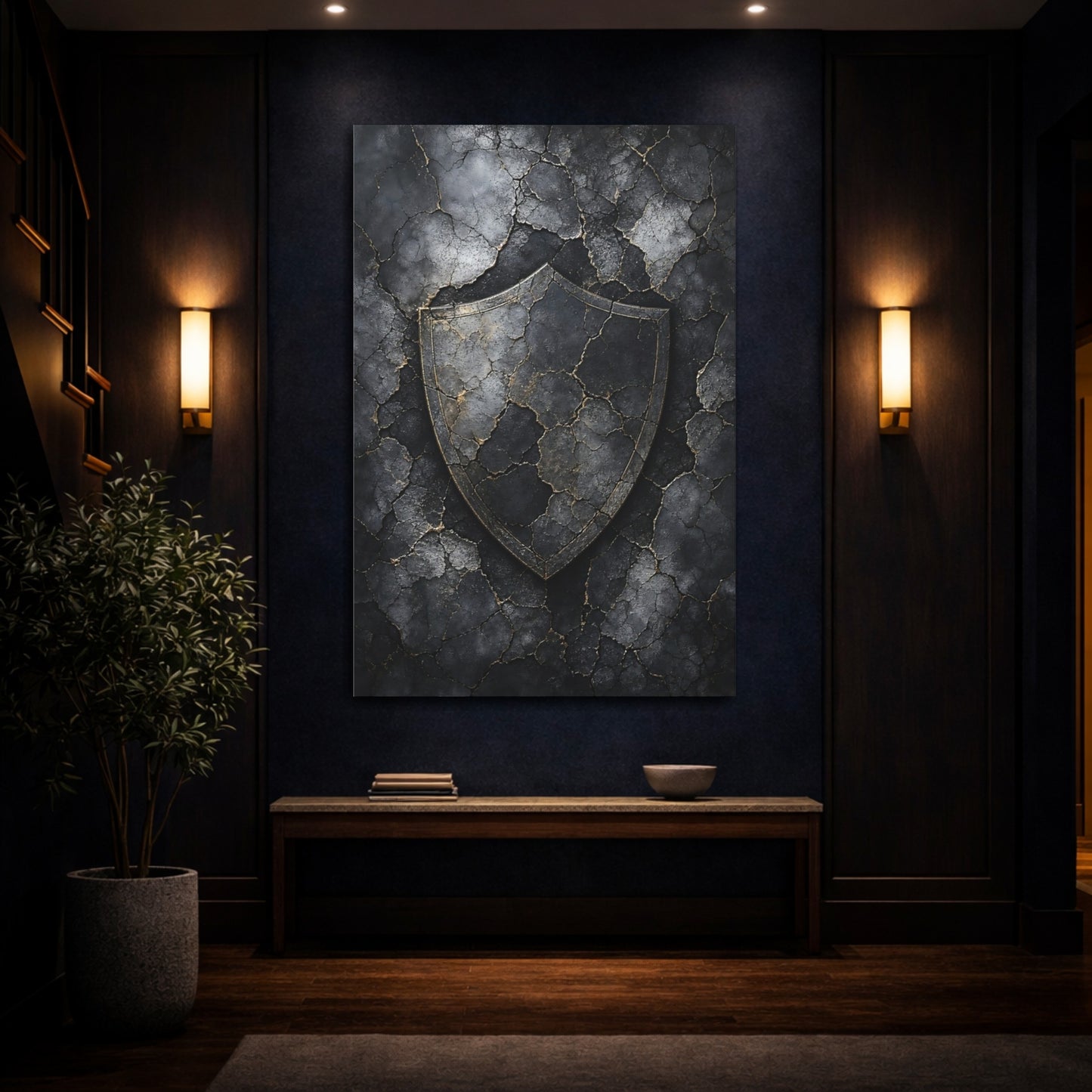 Mockup 4. Vintage Distressed Shield Black And Gold Shield shown as stretched canvas wall art