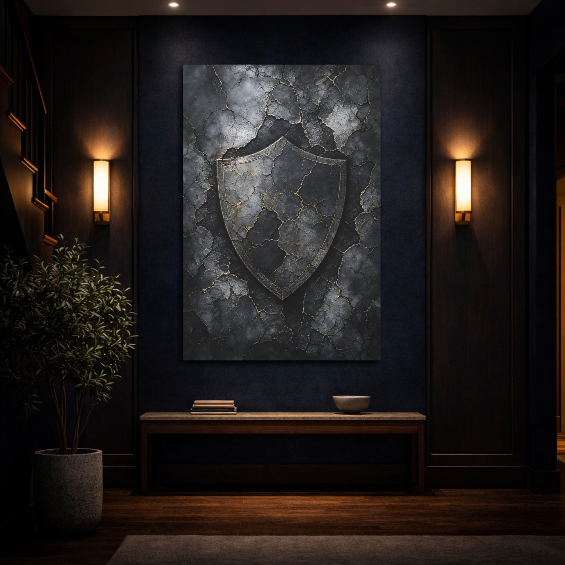 Mockup 4. Vintage Distressed Shield Black And Gold Shield shown as stretched canvas wall art