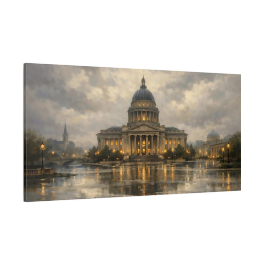 Main Mockup. Vintage Domed Building Gray And Gold shown as stretched canvas wall art