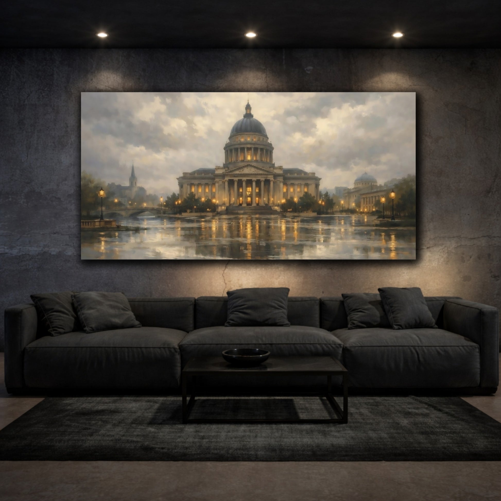 Mockup 2. Vintage Domed Building Gray And Gold shown as stretched canvas wall art