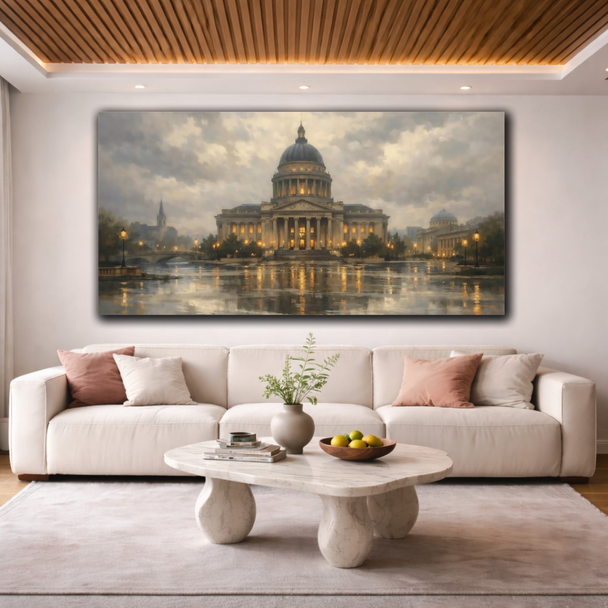 Mockup 3. Vintage Domed Building Gray And Gold shown as stretched canvas wall art