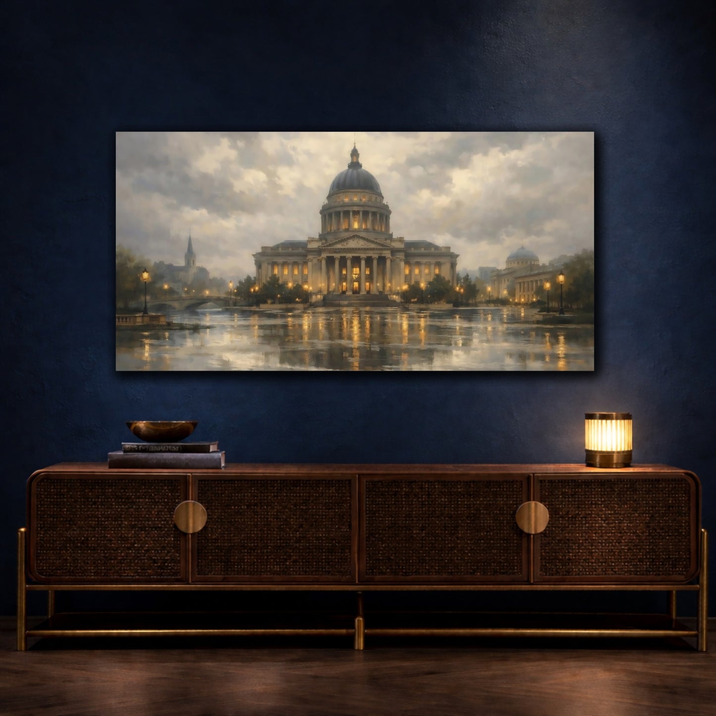 Mockup 4. Vintage Domed Building Gray And Gold shown as stretched canvas wall art