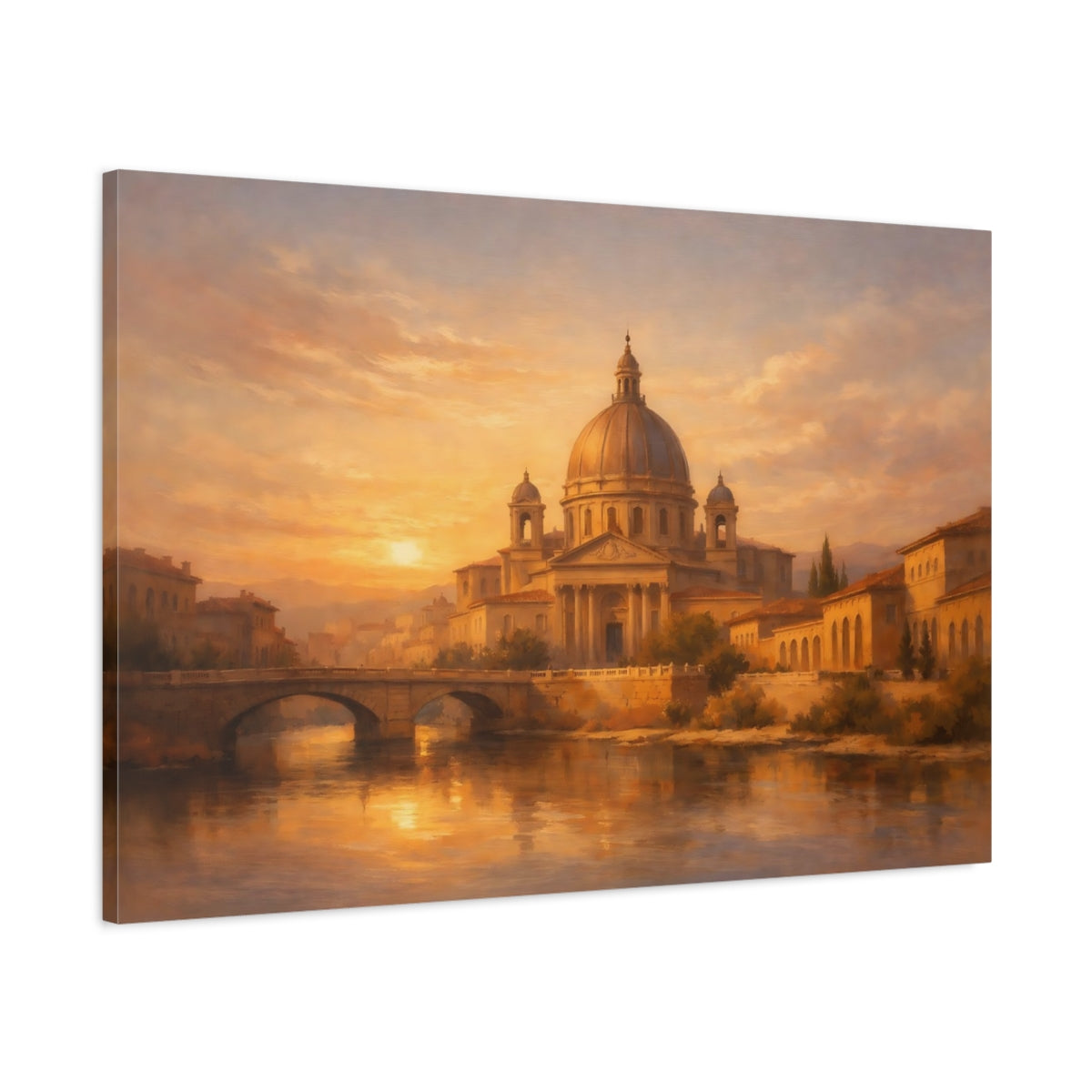 Side Mockup 1. Vintage Domed Cityscape Golden Cityscape shown as stretched canvas wall art