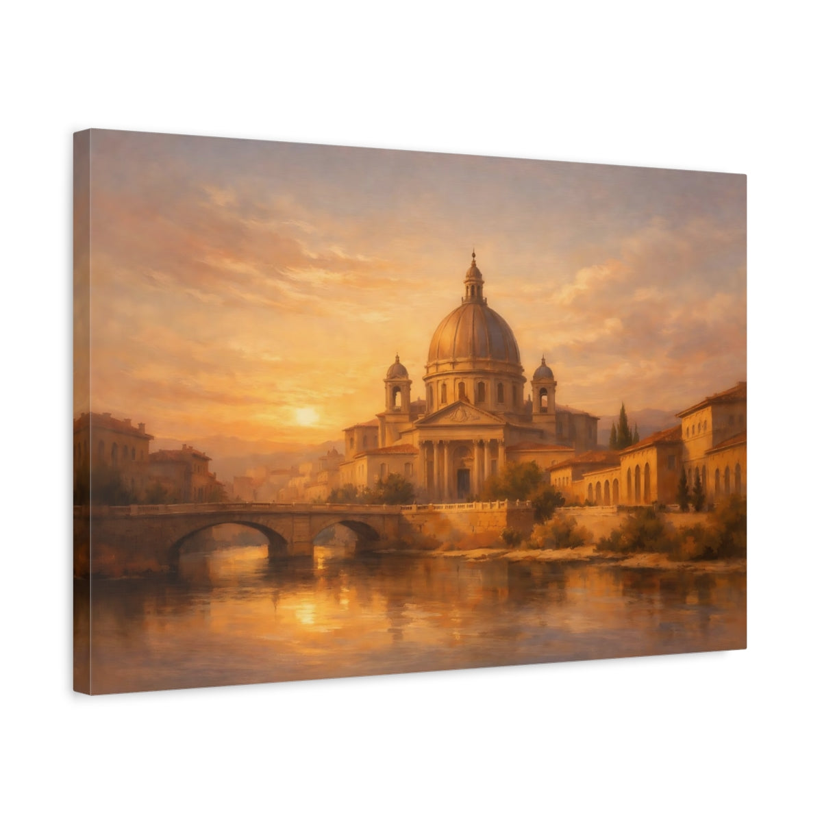 Side Mockup 3. Vintage Domed Cityscape Golden Cityscape shown as stretched canvas wall art