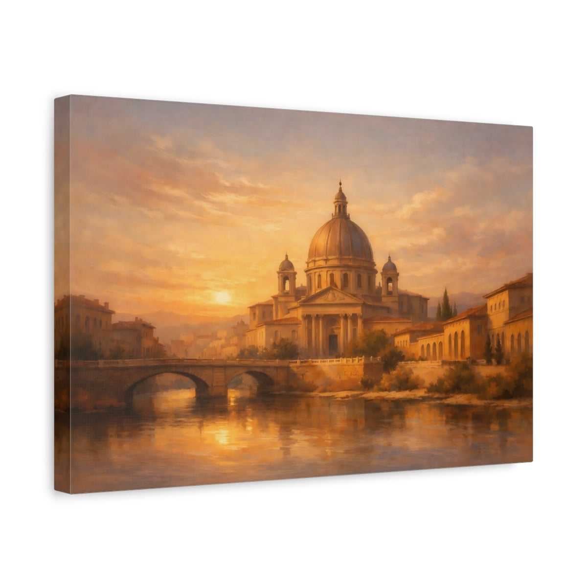 Side Mockup 4. Vintage Domed Cityscape Golden Cityscape shown as stretched canvas wall art