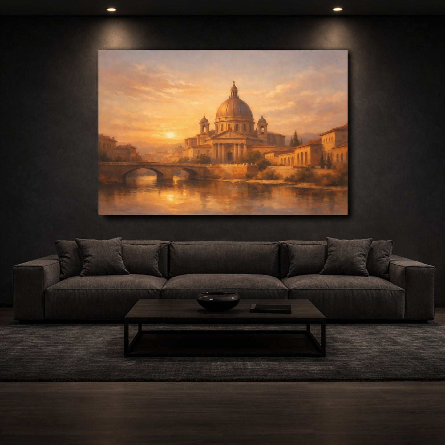 Mockup 2. Vintage Domed Cityscape Golden Cityscape shown as stretched canvas wall art