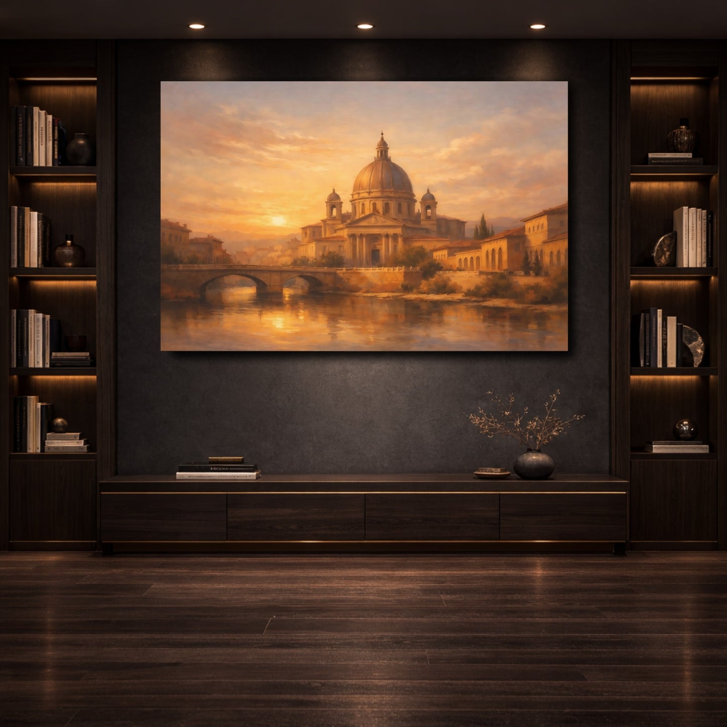 Mockup 3. Vintage Domed Cityscape Golden Cityscape shown as stretched canvas wall art