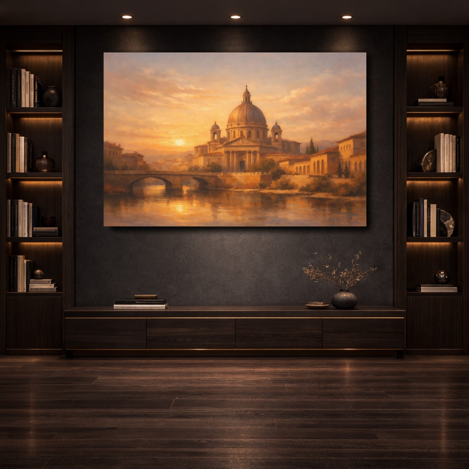 Mockup 3. Vintage Domed Cityscape Golden Cityscape shown as stretched canvas wall art