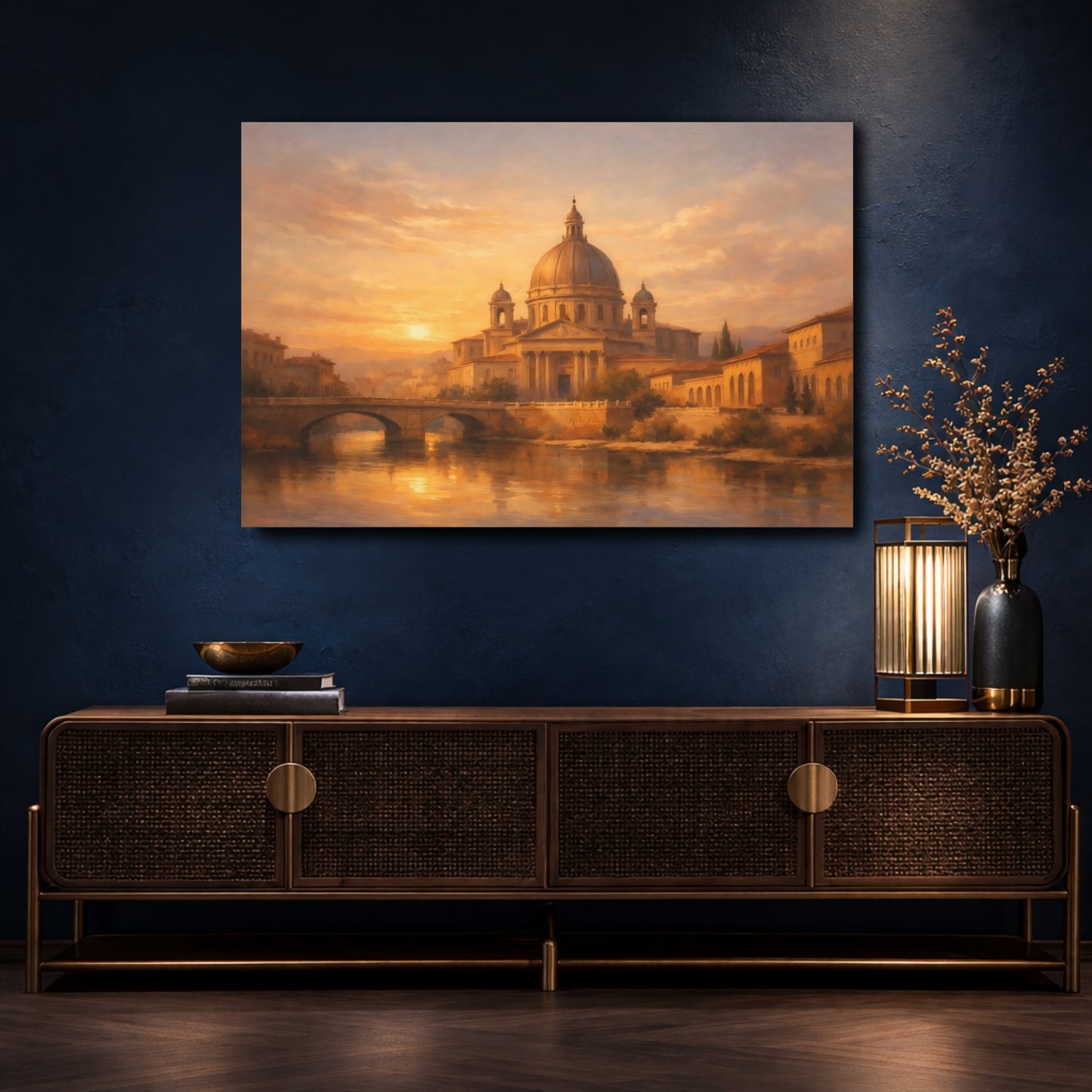 Mockup 4. Vintage Domed Cityscape Golden Cityscape shown as stretched canvas wall art