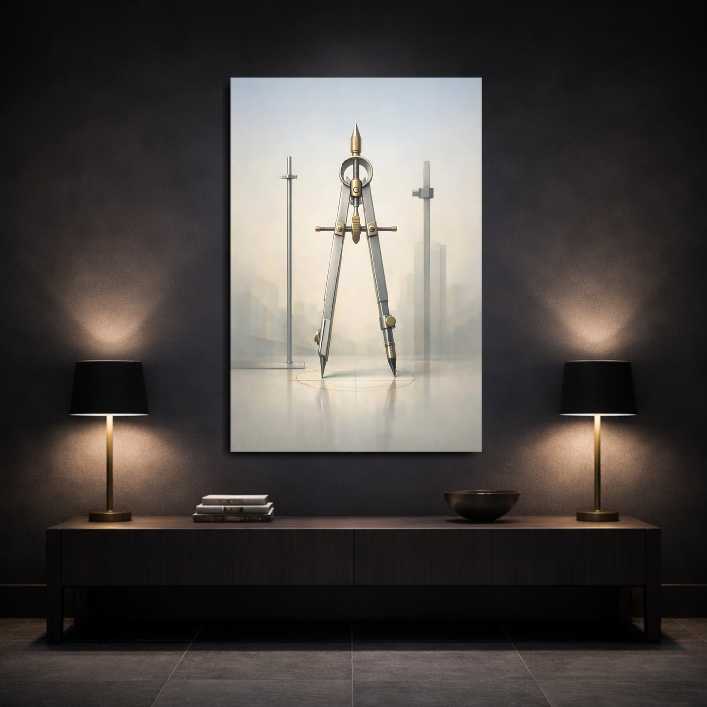 Mockup 2. Vintage Drafting Compass Silver Gold Compass shown as stretched canvas wall art