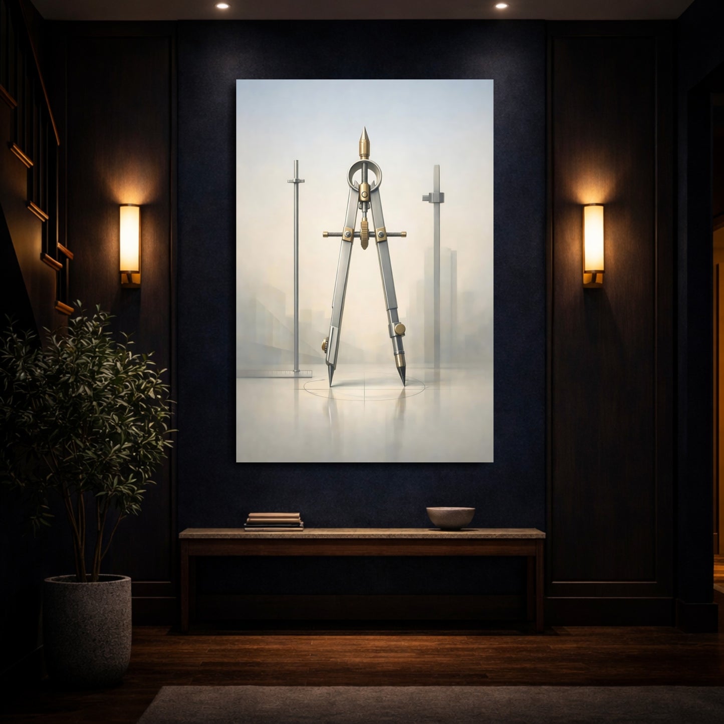 Mockup 3. Vintage Drafting Compass Silver Gold Compass shown as stretched canvas wall art