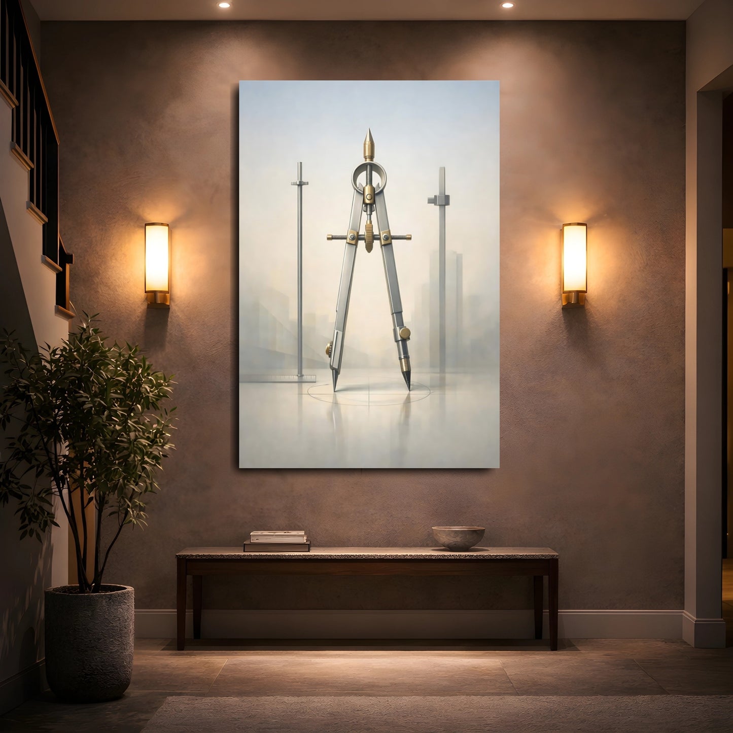 Mockup 4. Vintage Drafting Compass Silver Gold Compass shown as stretched canvas wall art