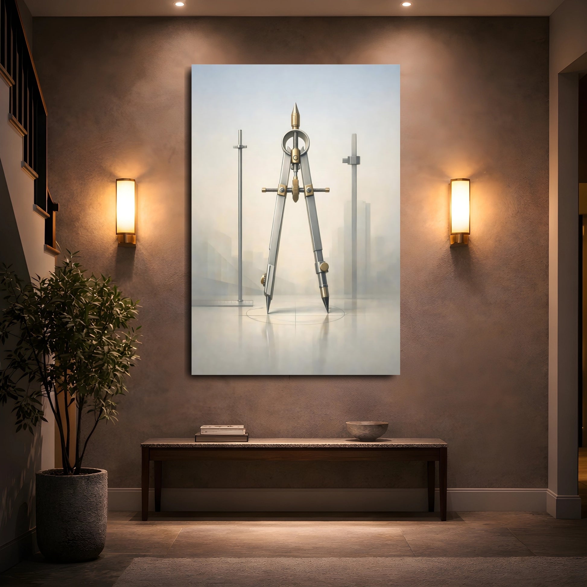 Mockup 4. Vintage Drafting Compass Silver Gold Compass shown as stretched canvas wall art