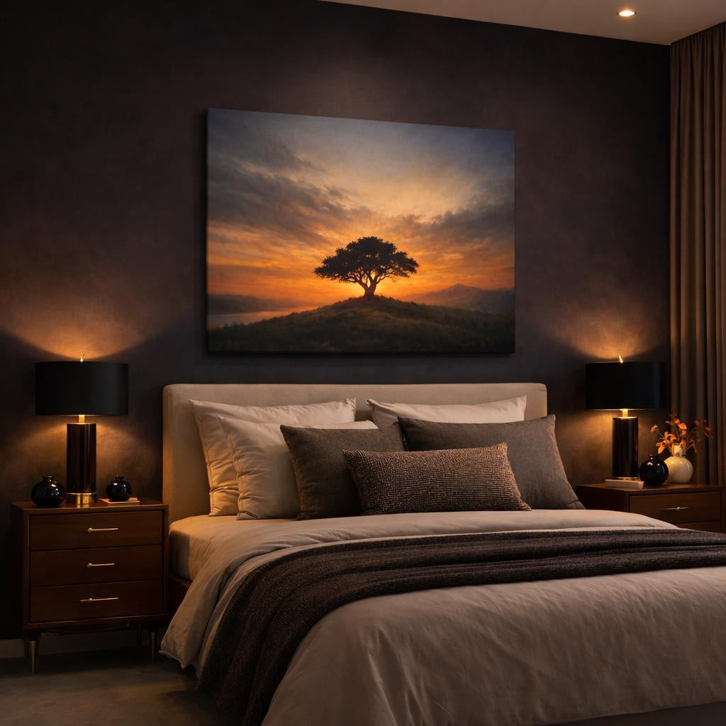 Vintage Dramatic Sky shown as canvas wall art in a luxury bedroom