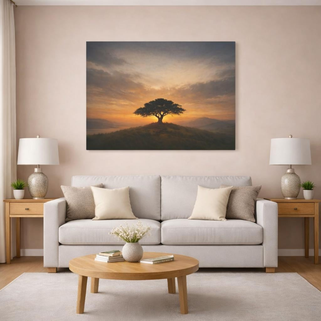 Vintage Dramatic Sky shown as canvas wall art in a modern living room