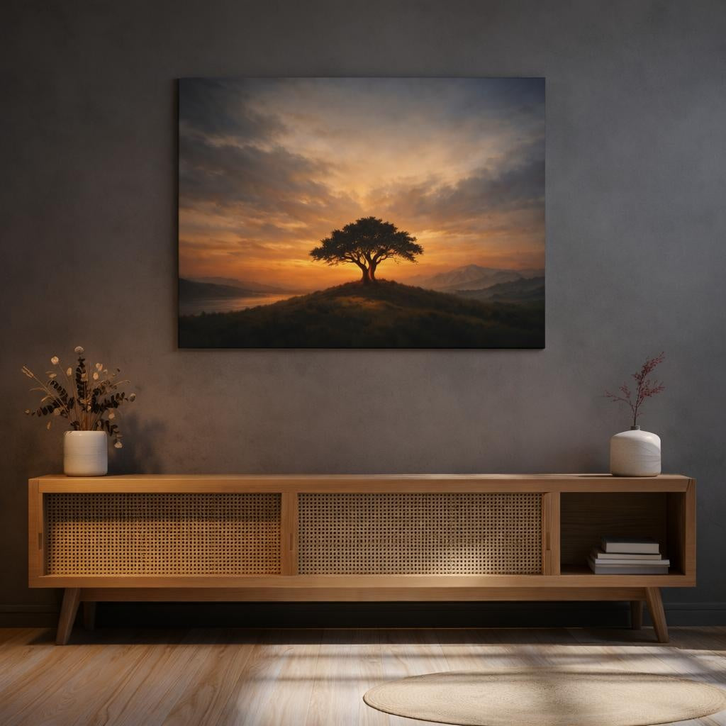 Vintage Dramatic Sky shown as canvas wall art in a refined dining room