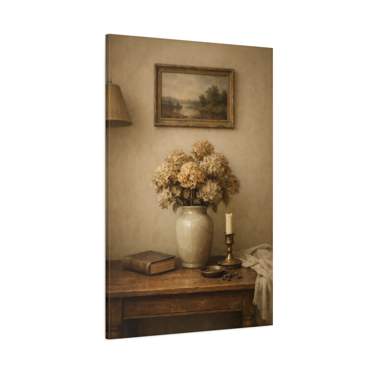 Main Mockup. Vintage Dried Hydrangeas Vintage Floral shown as stretched canvas wall art